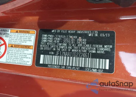 2013 Scion Fr-S из США, поврежденный, VIN JF1ZNAA11D2724611